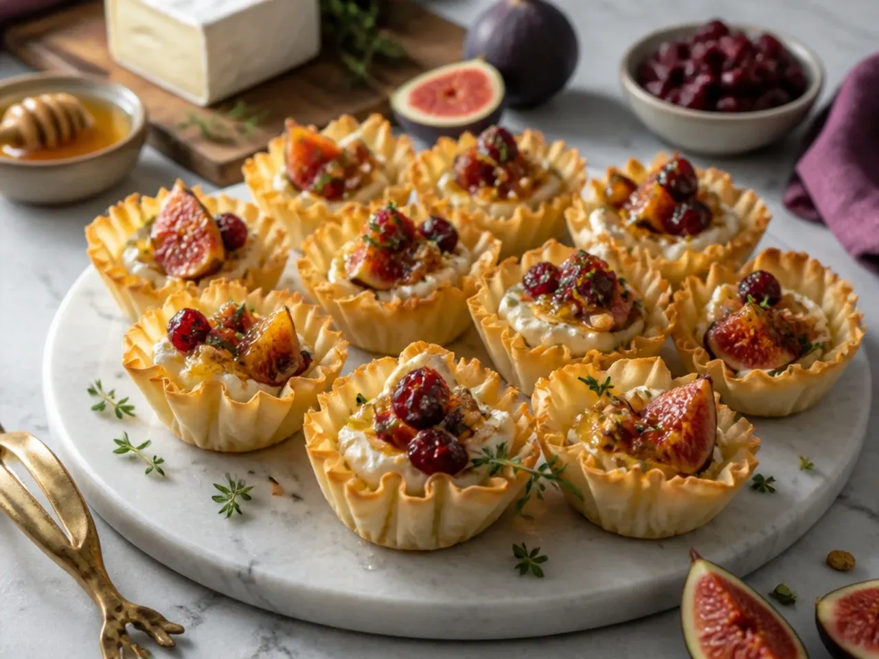 Brie phyllo cups topped with fresh thyme leaves and a drizzle of honey