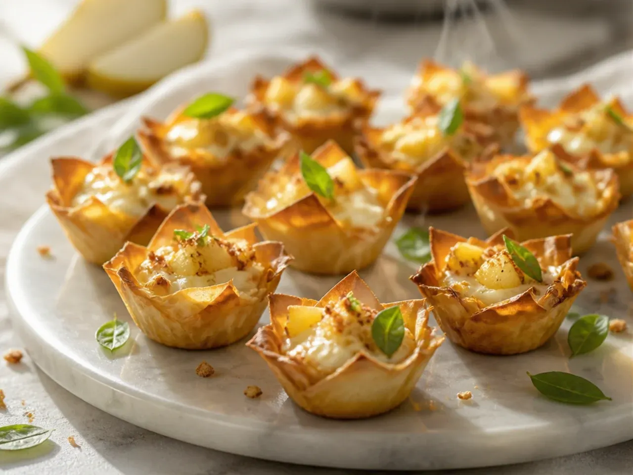 Brie phyllo cups topped with thin fresh pear slices, freshly baked