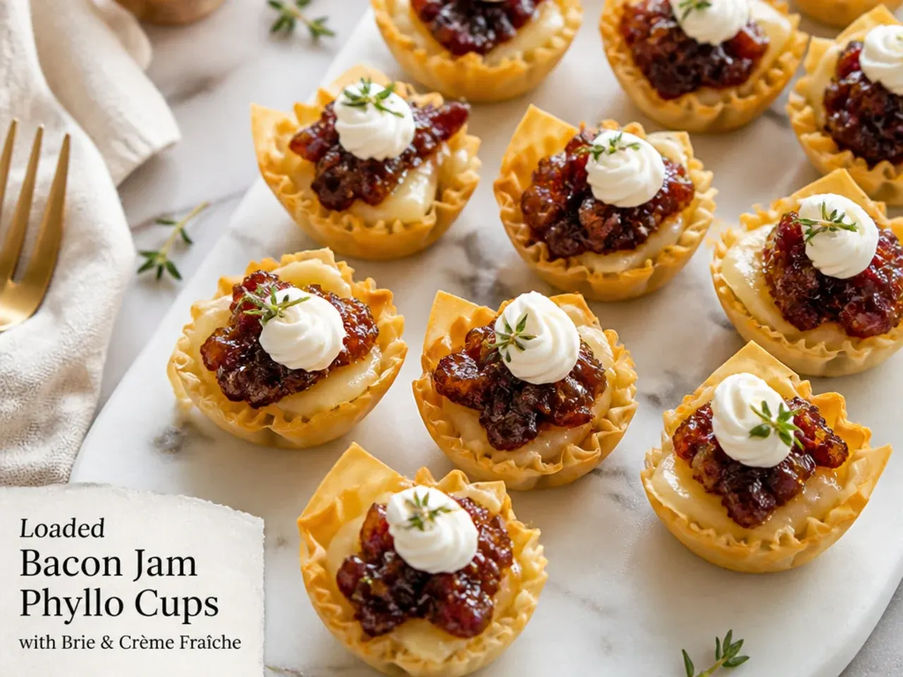 Loaded bacon jam brie phyllo cups on a serving tray with a rustic backdrop