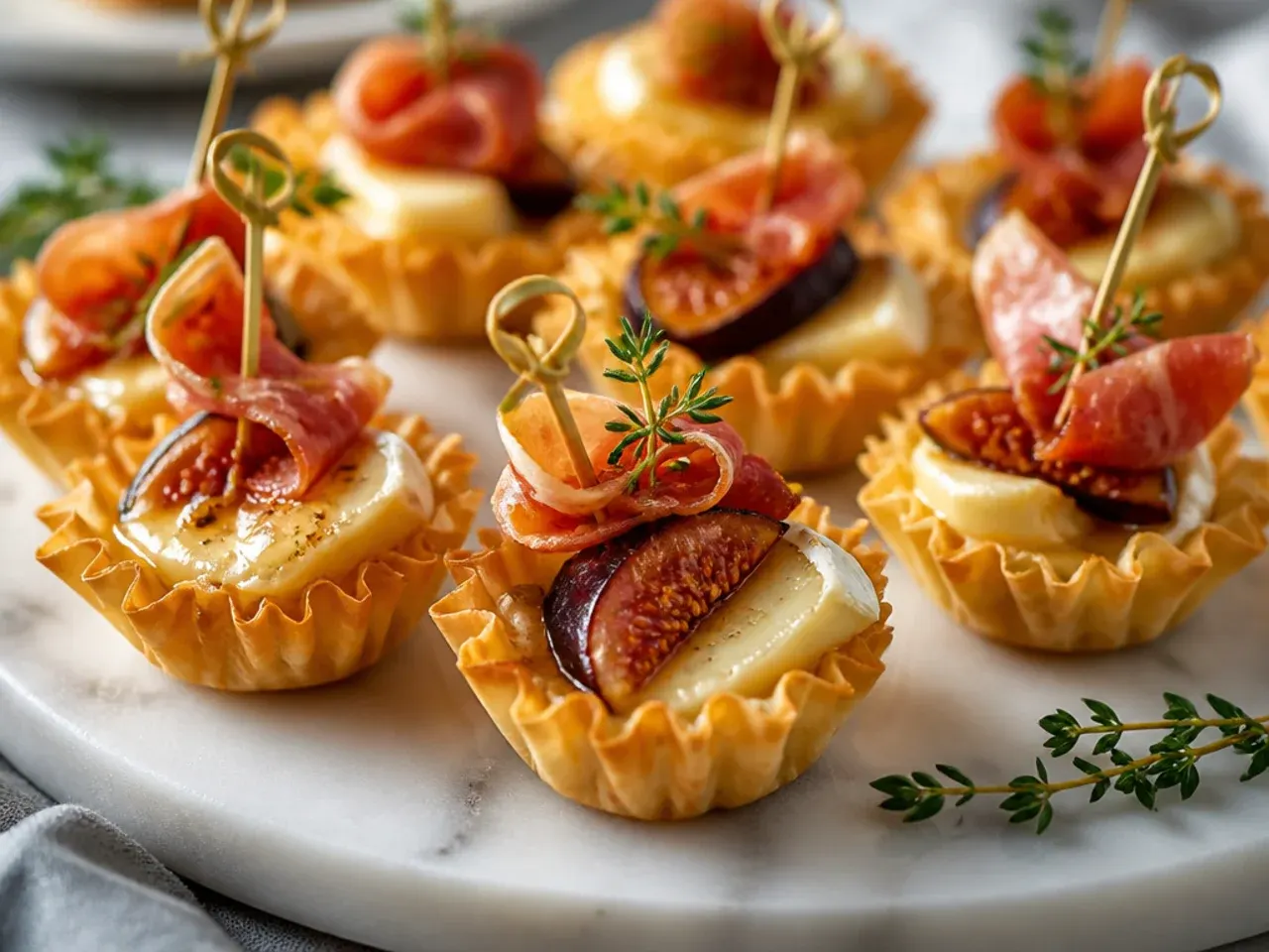 Fig jam brie phyllo cups topped with crispy prosciutto strips