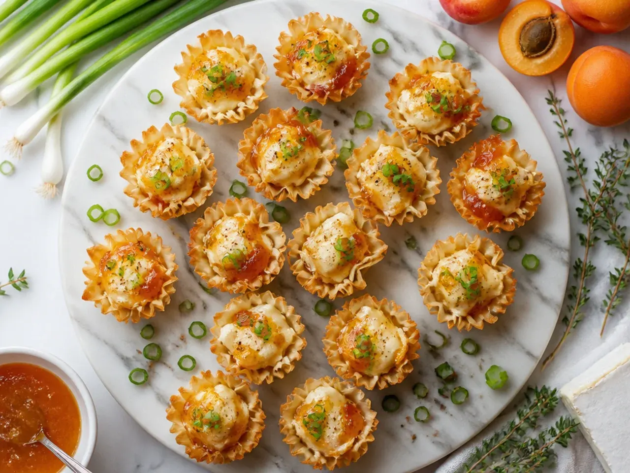 Budget-friendly apricot jam brie phyllo cups on a simple white plate