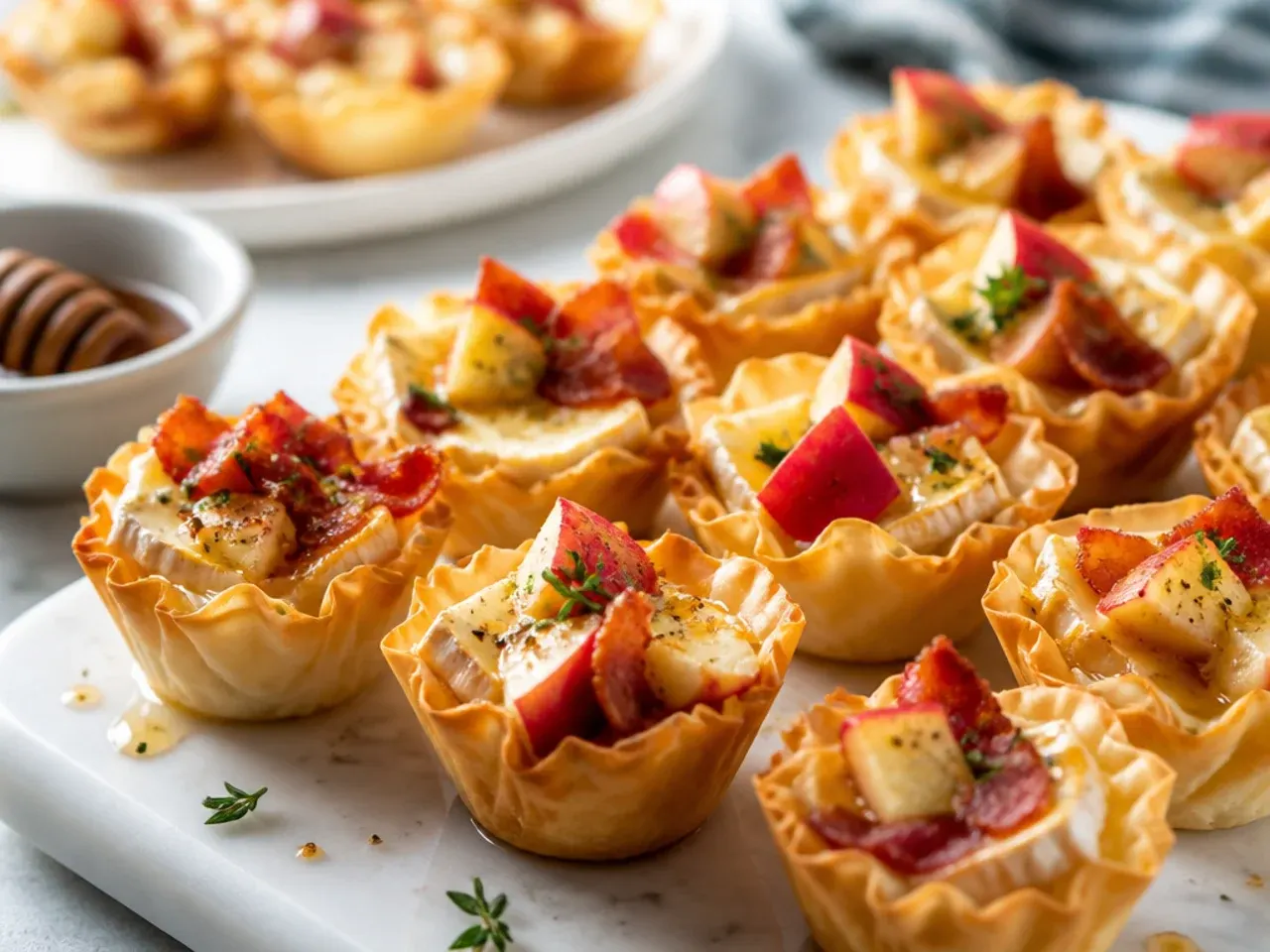 Crowd-pleasing brie phyllo cups topped with diced apple and crumbled bacon