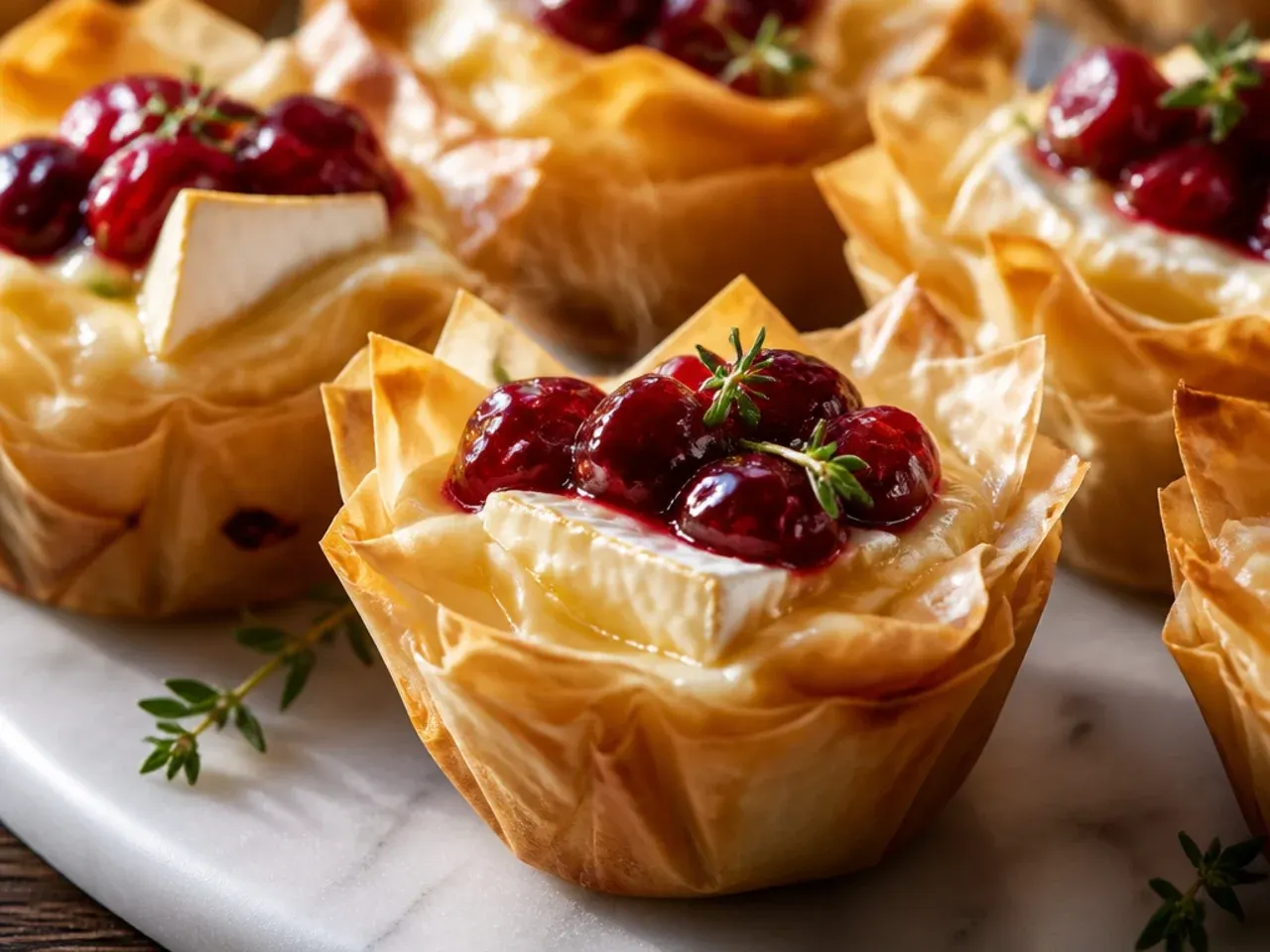 Prepped brie cubes and toppings in small bowls ready for make-ahead phyllo cup assembly