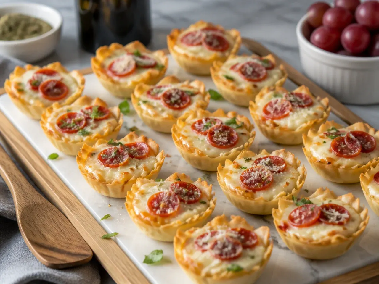 Mini pizza-style brie phyllo cups with tomato sauce and oregano