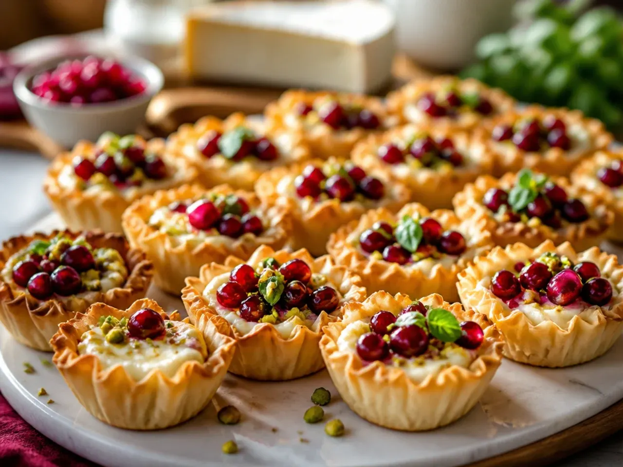 Festive brie phyllo cups topped with pomegranate seeds and chopped pistachios