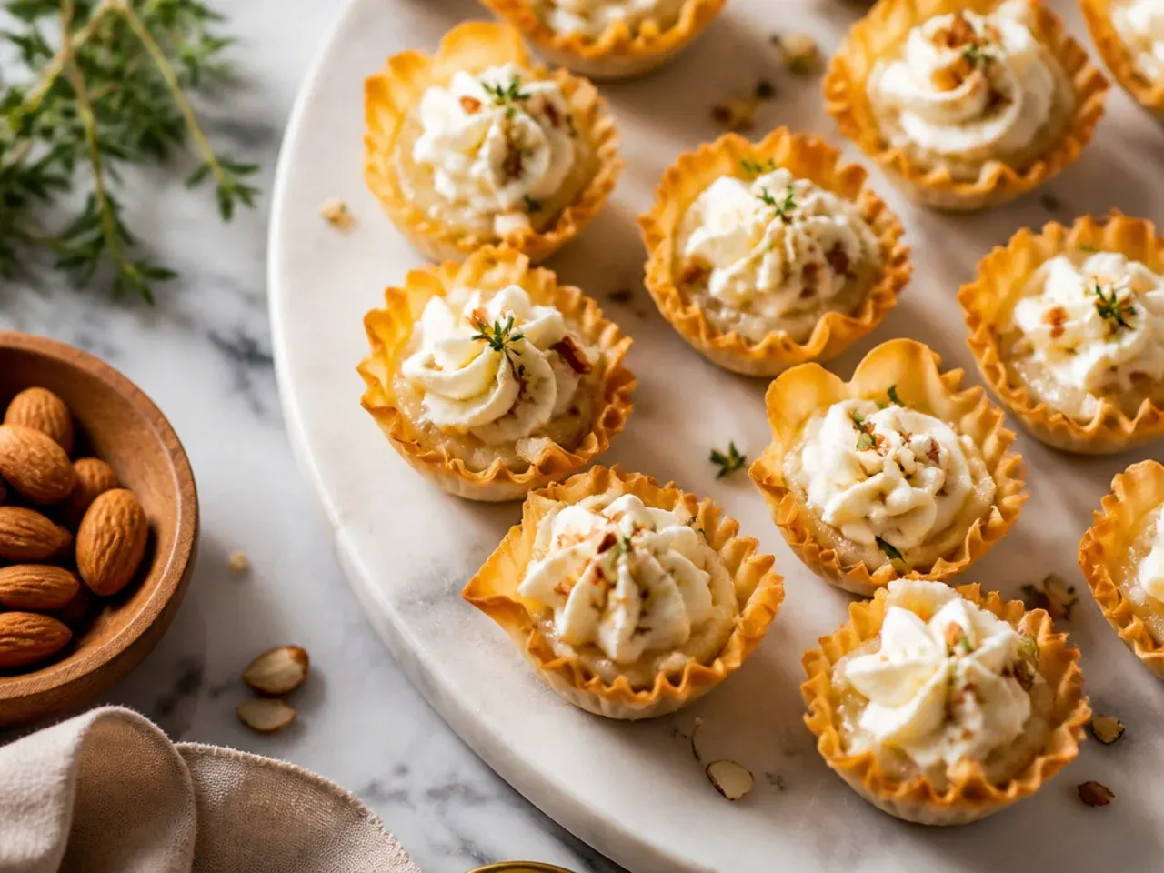 Quick brie phyllo cups topped with toasted flaked almonds and honey