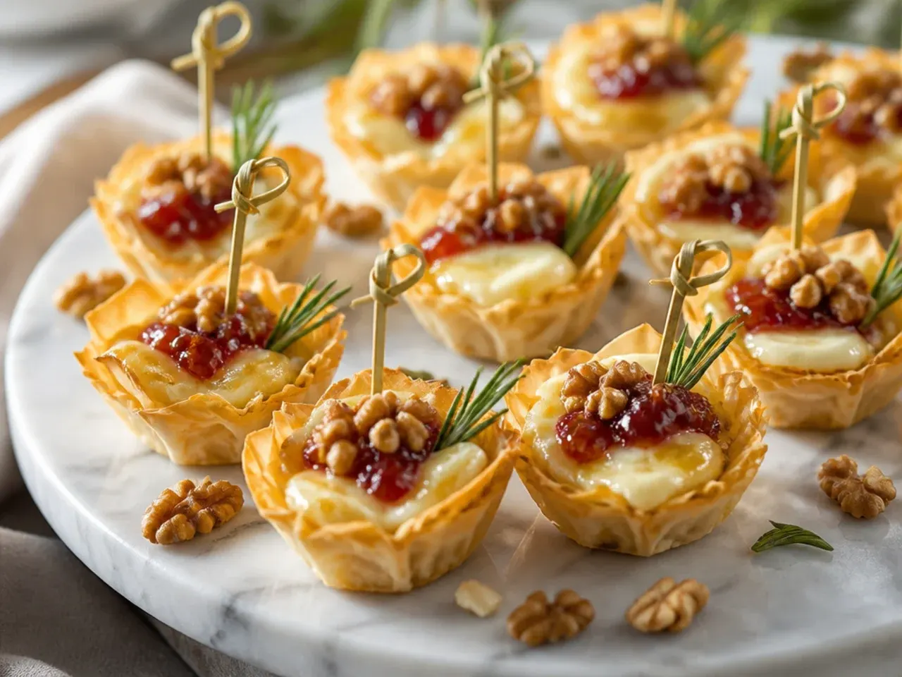 Homemade phyllo cup shells made from buttered phyllo sheets in a mini muffin tin