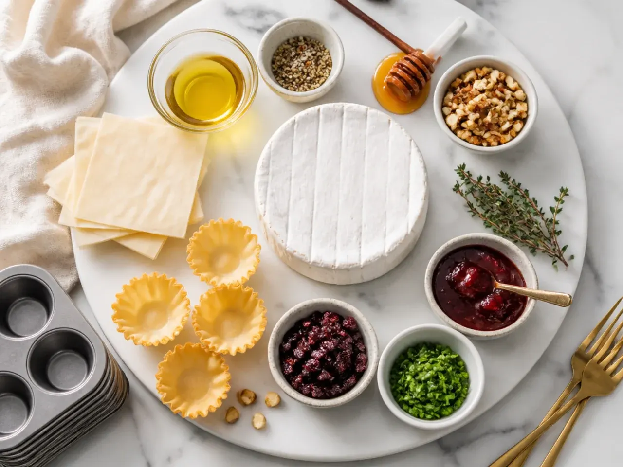 Hands placing cubed brie into frozen phyllo shells on a baking tray
