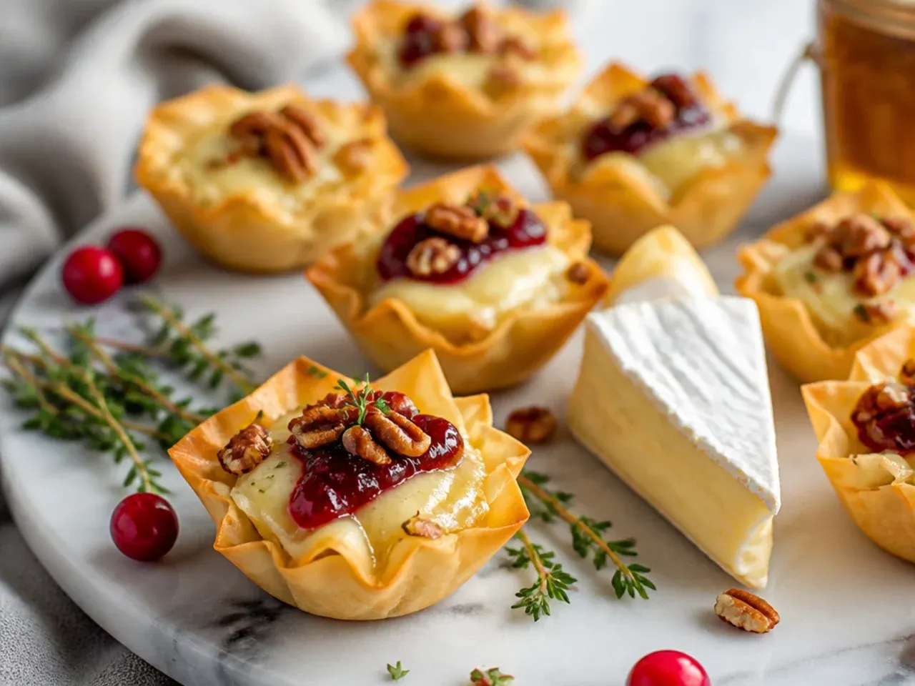Platter of assorted brie phyllo cup appetisers served with a glass of Prosecco