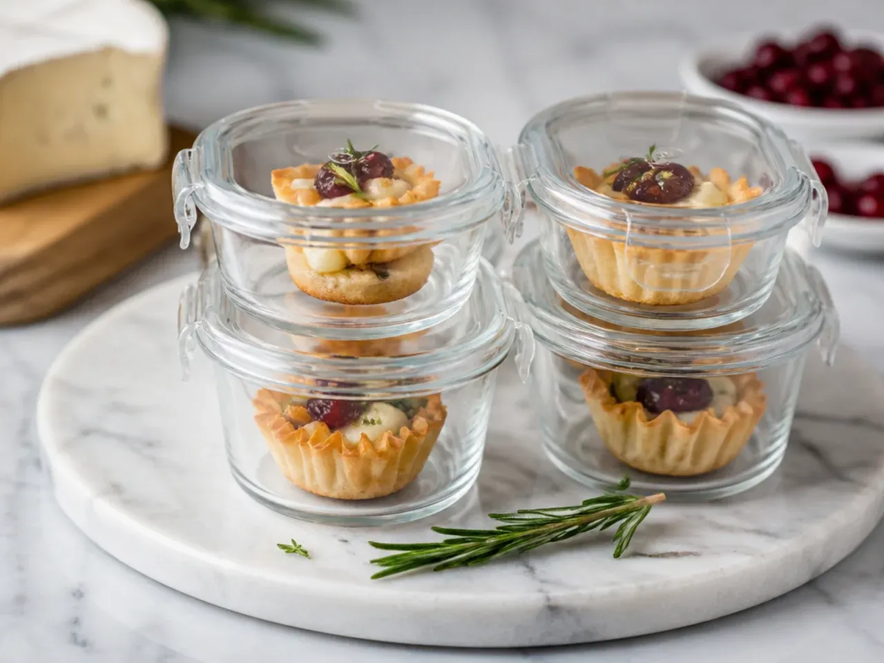 Leftover brie phyllo cups being reheated on a baking tray in the oven