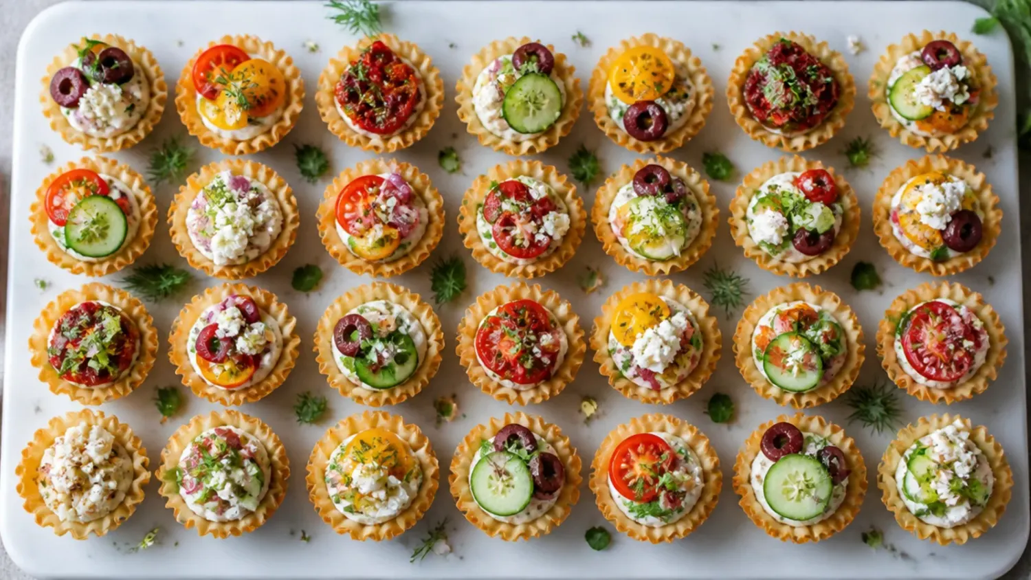 A platter of assorted cold phyllo cup appetizers filled with cream cheese, smoked salmon, and fresh herbs