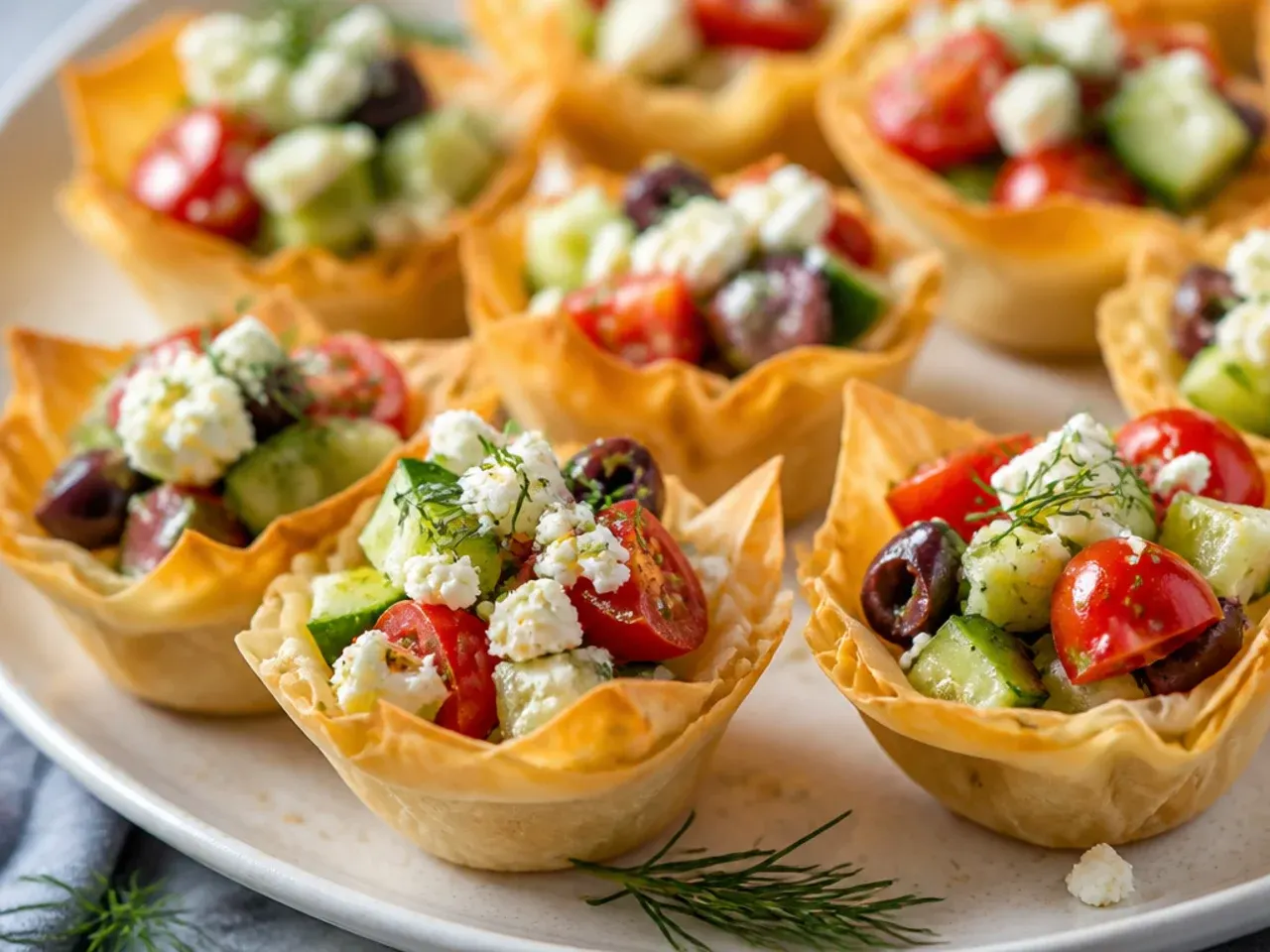 Close-up of golden phyllo shells filled with a cold cream cheese and herb mixture
