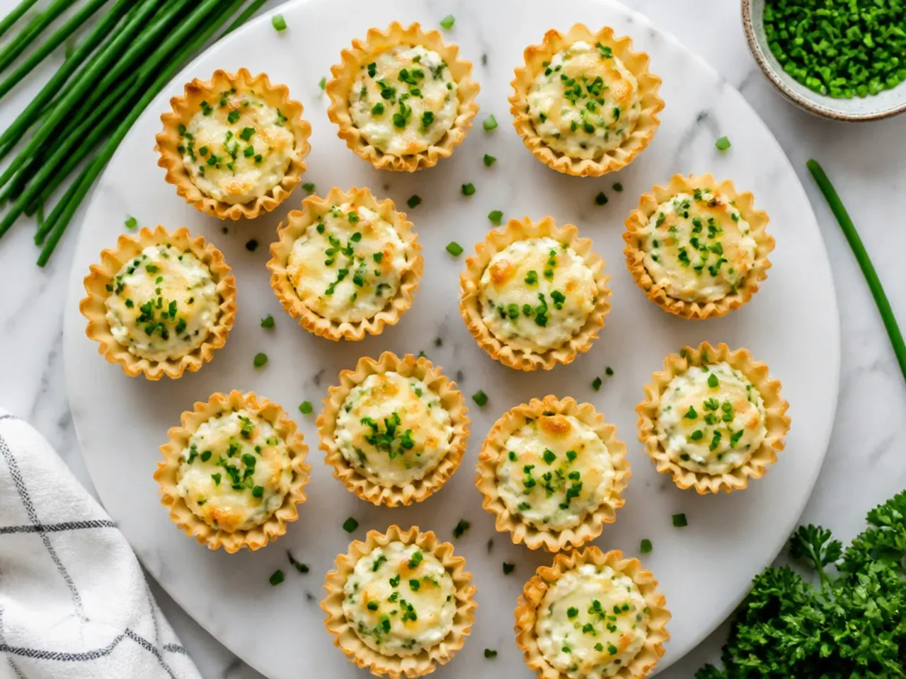 Mini phyllo cups filled with whipped cream cheese and chives