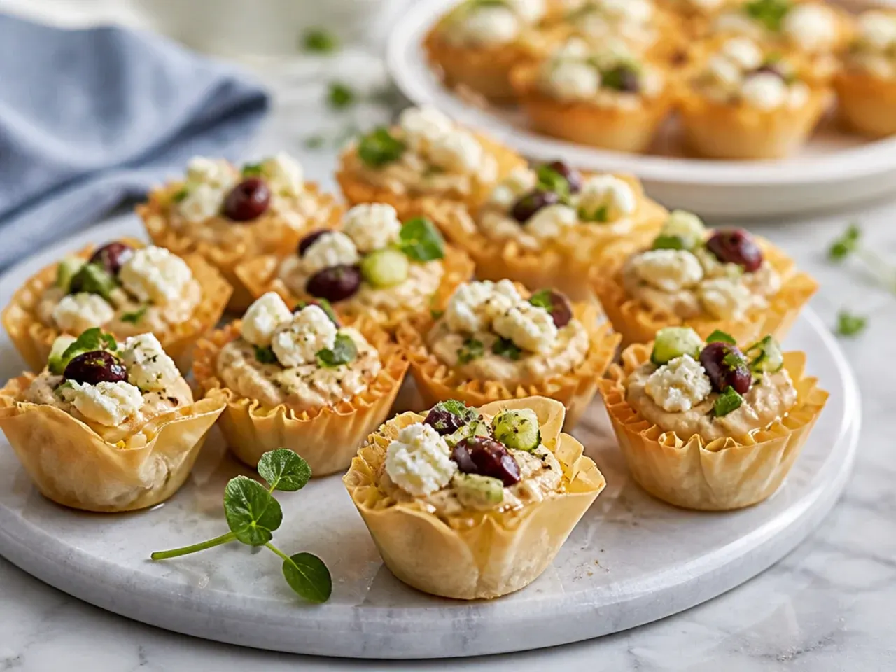 Phyllo cups filled with hummus, cherry tomatoes, feta and olives