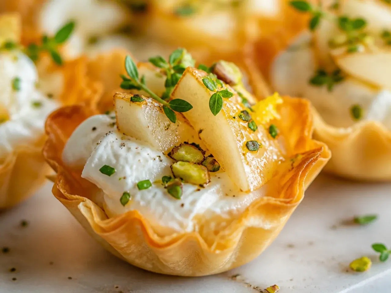 Phyllo cups topped with whipped goat cheese, pear slices and walnuts