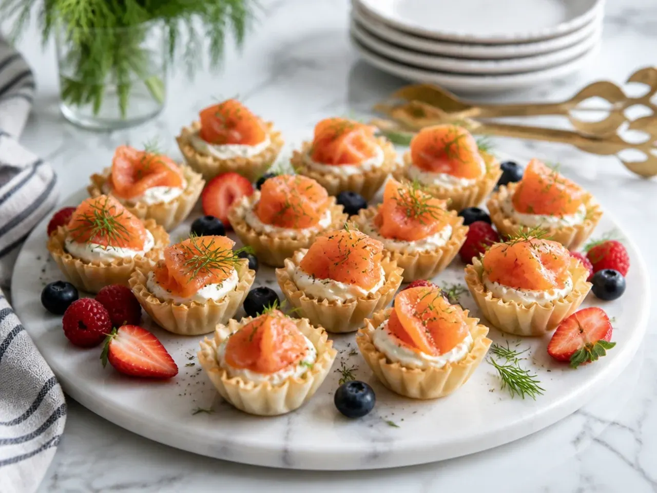 Phyllo cups topped with cream cheese, smoked salmon curls and dill
