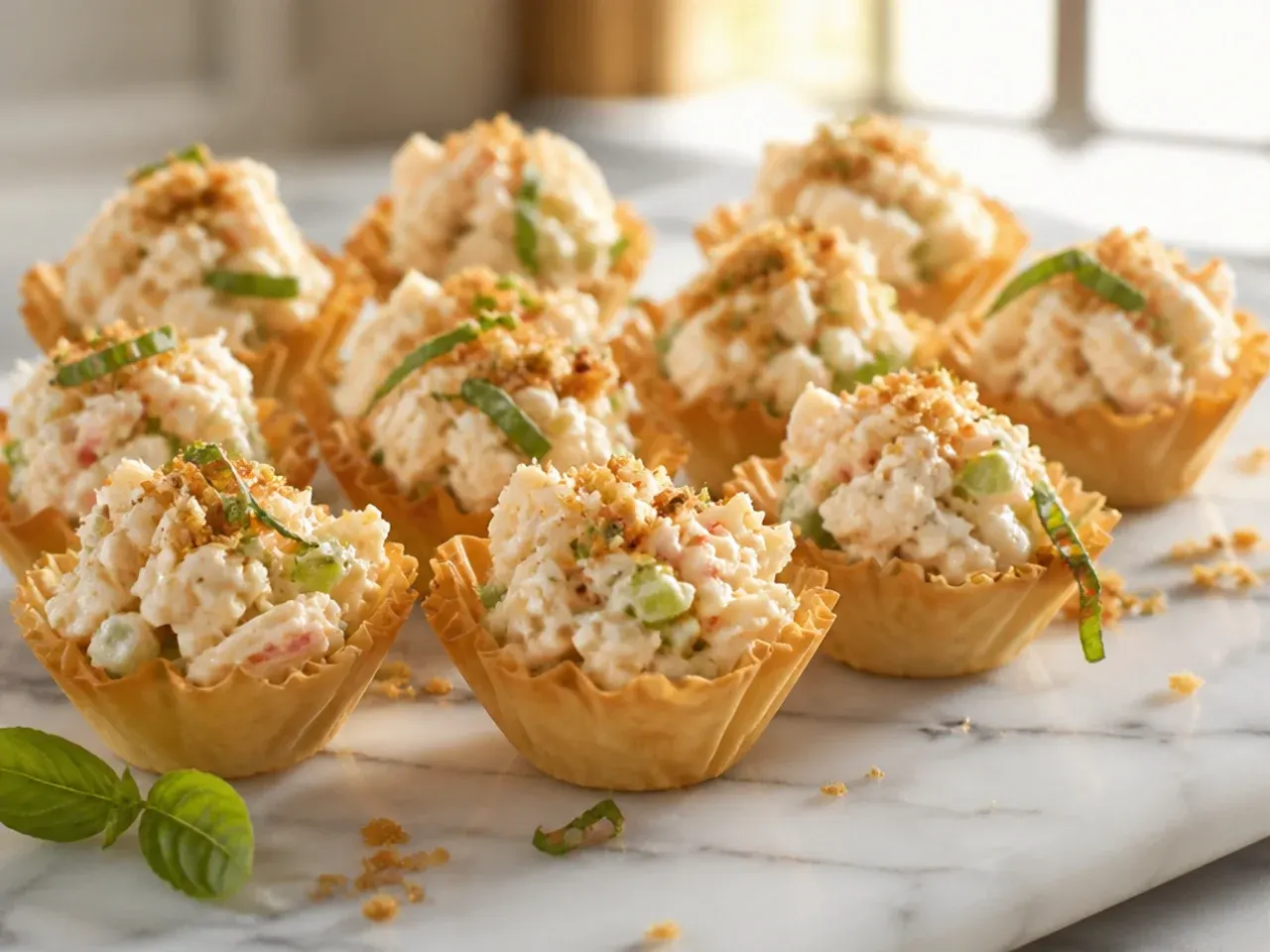 Phyllo cups filled with creamy crab salad and chives
