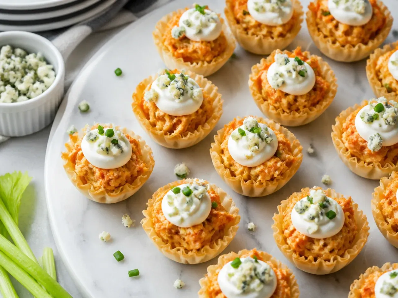 Phyllo cups filled with buffalo chicken and blue cheese crumbles