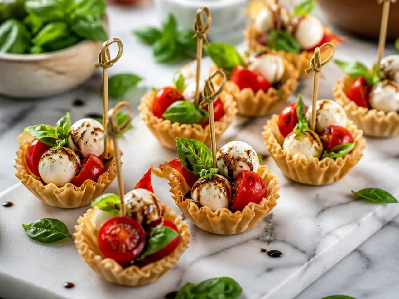 Phyllo cups filled with mozzarella, cherry tomato and basil, drizzled with balsamic glaze