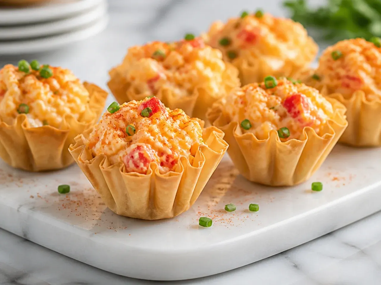 Phyllo cups filled with pimento cheese and a dusting of paprika