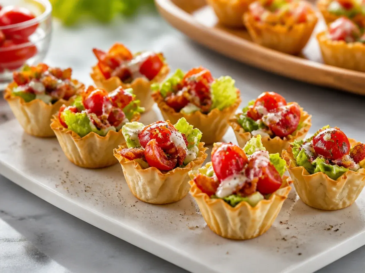 Phyllo cups filled with bacon mayonnaise, diced tomato and shredded lettuce