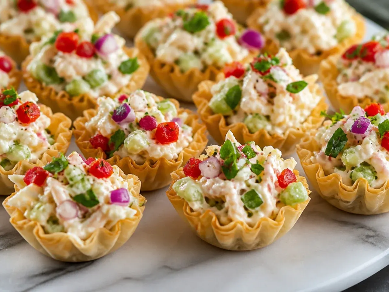 Phyllo cups filled with chicken salad and halved grapes