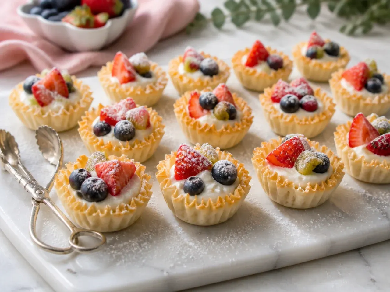Phyllo cups filled with vanilla yogurt and mixed fresh berries