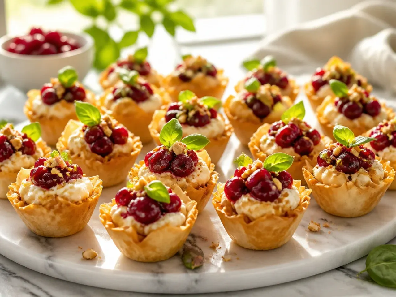 Phyllo cups filled with whipped feta and topped with cranberry sauce
