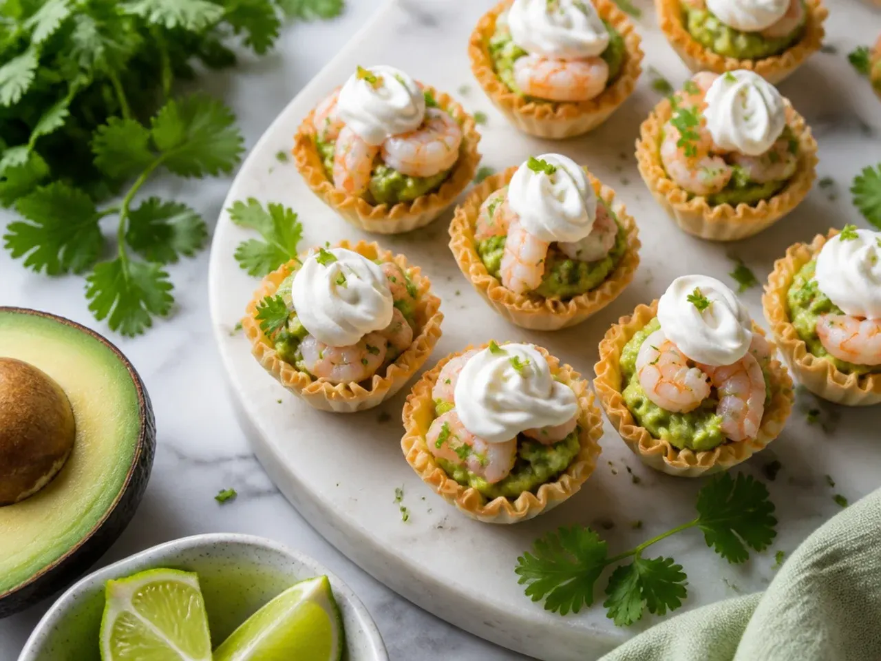 Phyllo cups filled with guacamole and topped with a chilled shrimp
