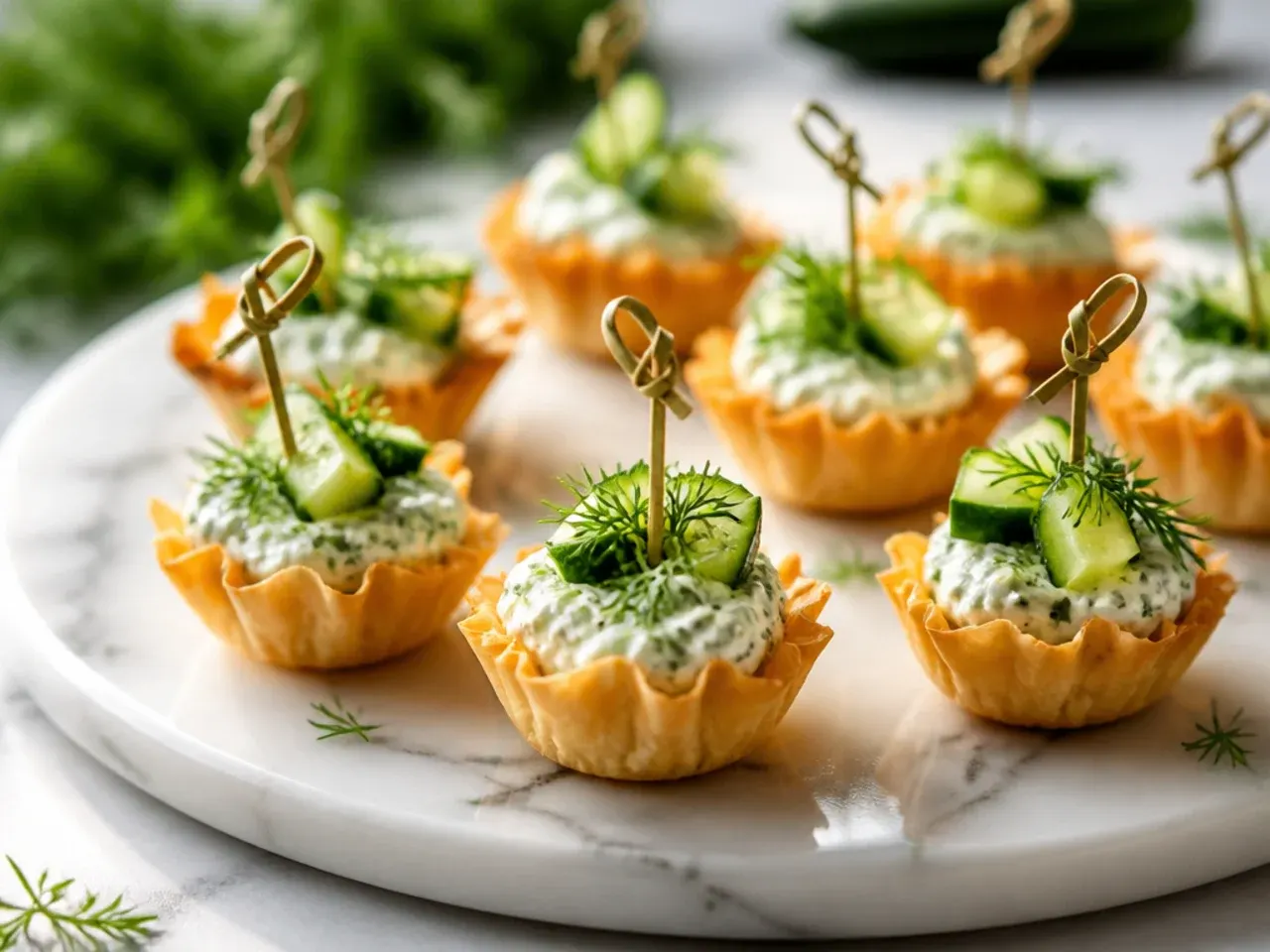 Phyllo cups filled with tzatziki and topped with cucumber ribbons