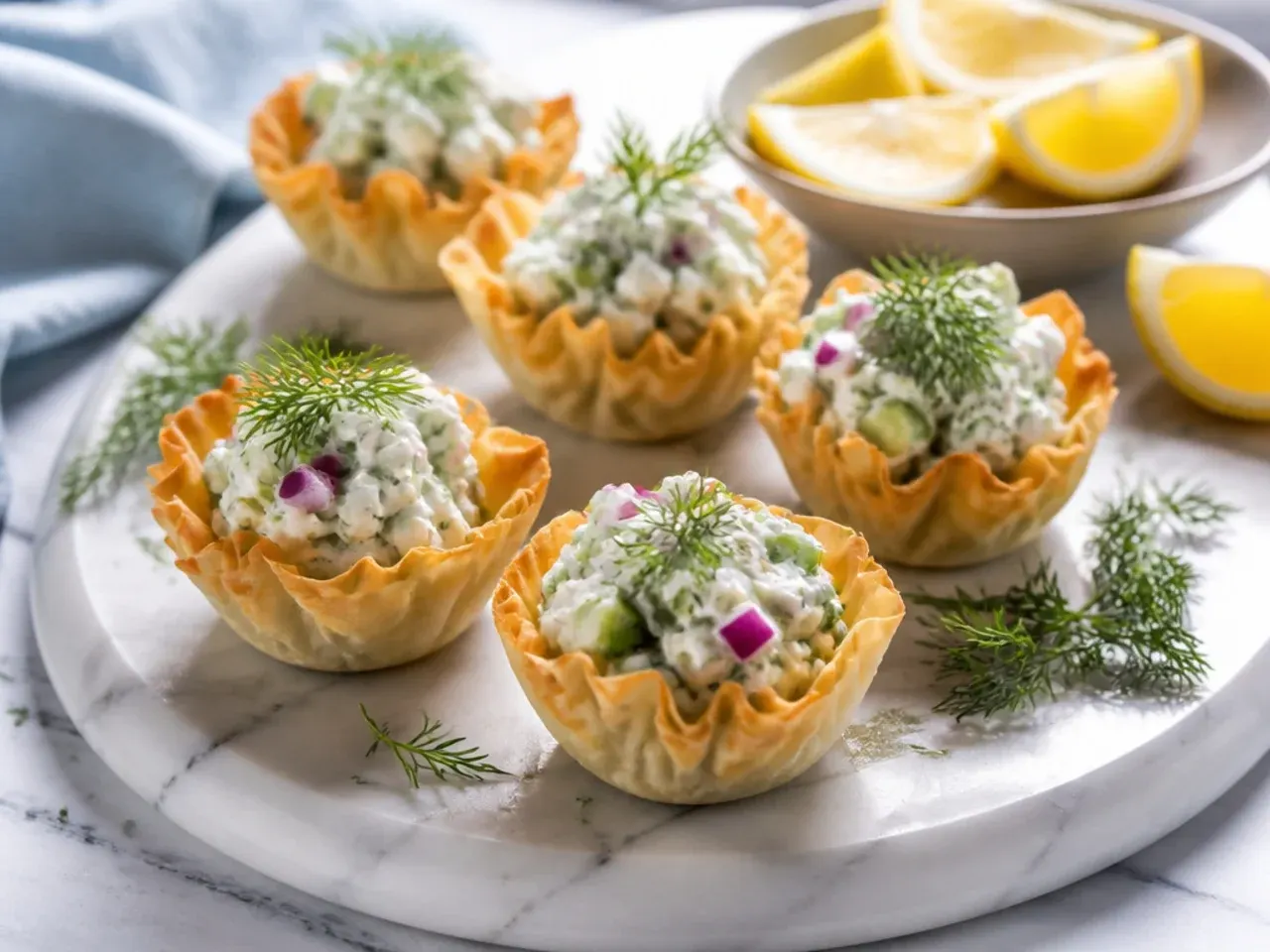 A wooden serving board with an assortment of filled phyllo cup appetizers
