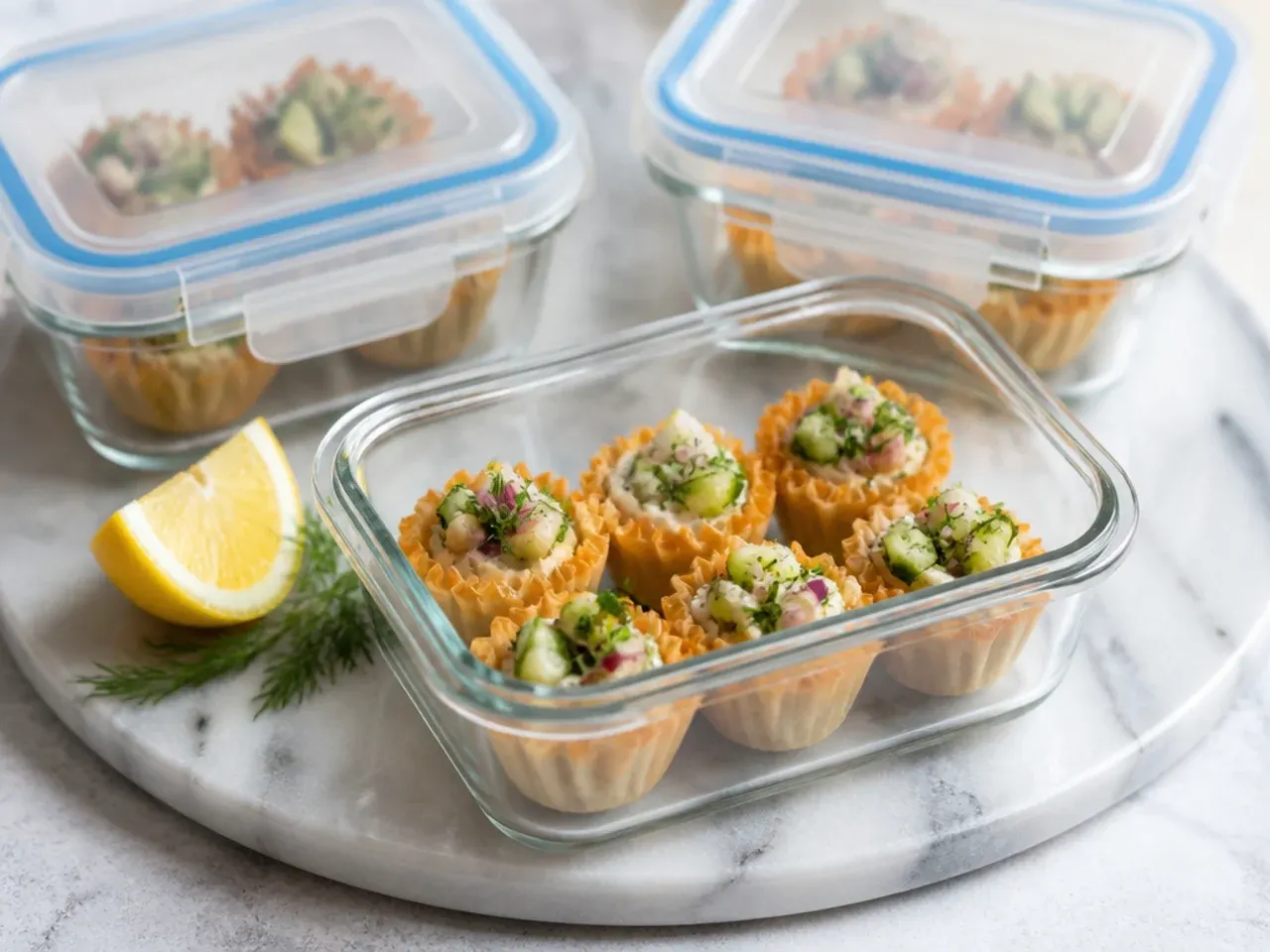 Airtight container of unfilled phyllo shells next to bowls of prepared fillings