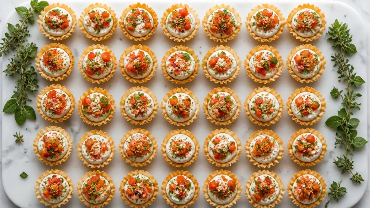 A platter of mini phyllo cups filled with whipped cream cheese and assorted sweet and savoury toppings