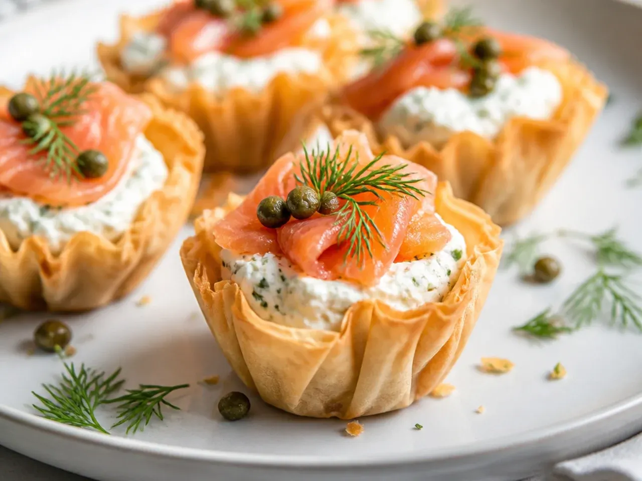 Overhead view of an assortment of filled phyllo cup appetizers arranged on a white serving board