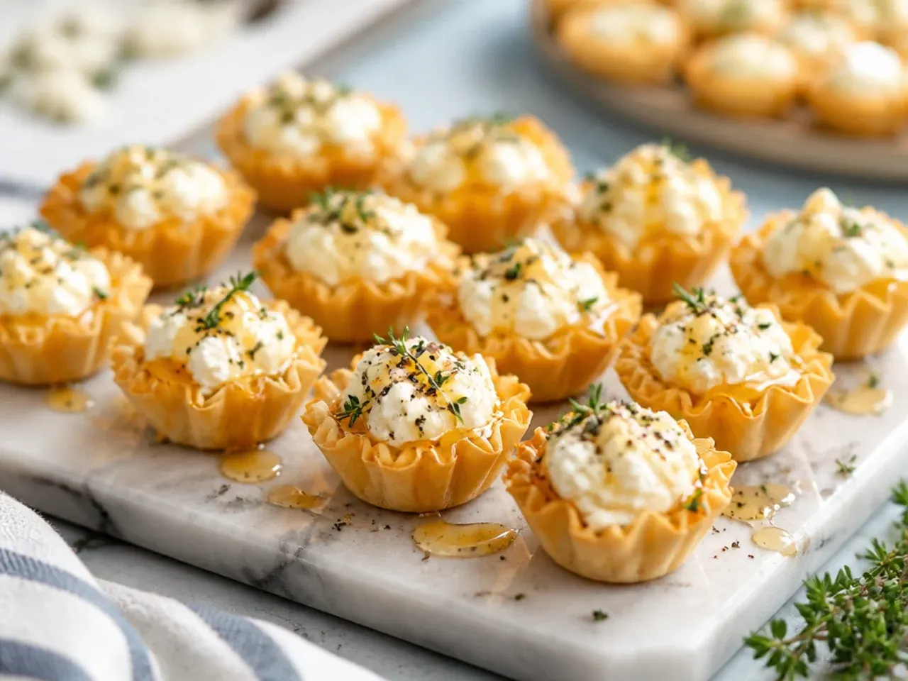 Cubes of cream cheese melting inside baked phyllo shells on a baking tray