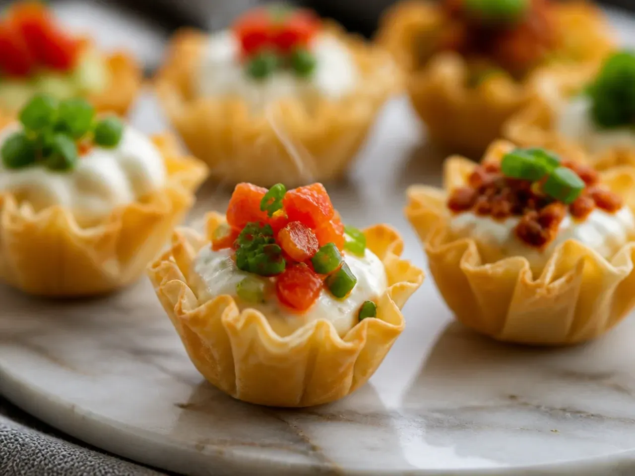 Cinnamon-spiced cream cheese and diced apple filling in phyllo cups