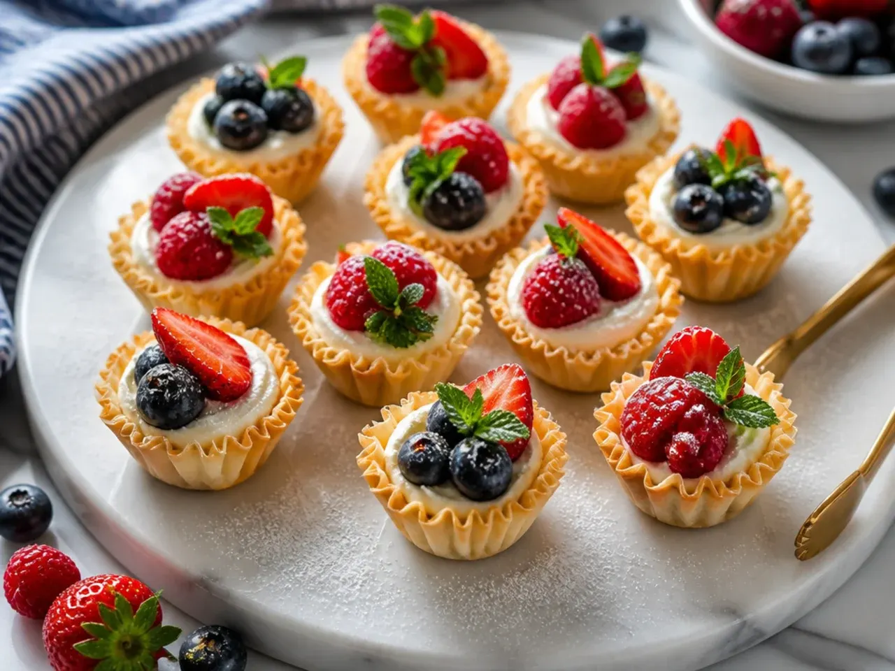 Bowl of herbed cream cheese being scooped into mini phyllo pastry cups