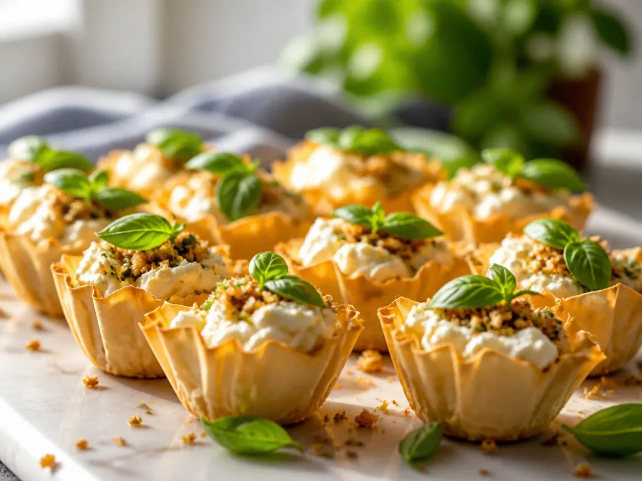 Baked phyllo cups with a bubbling sour cream and cheddar filling topped with spring onion