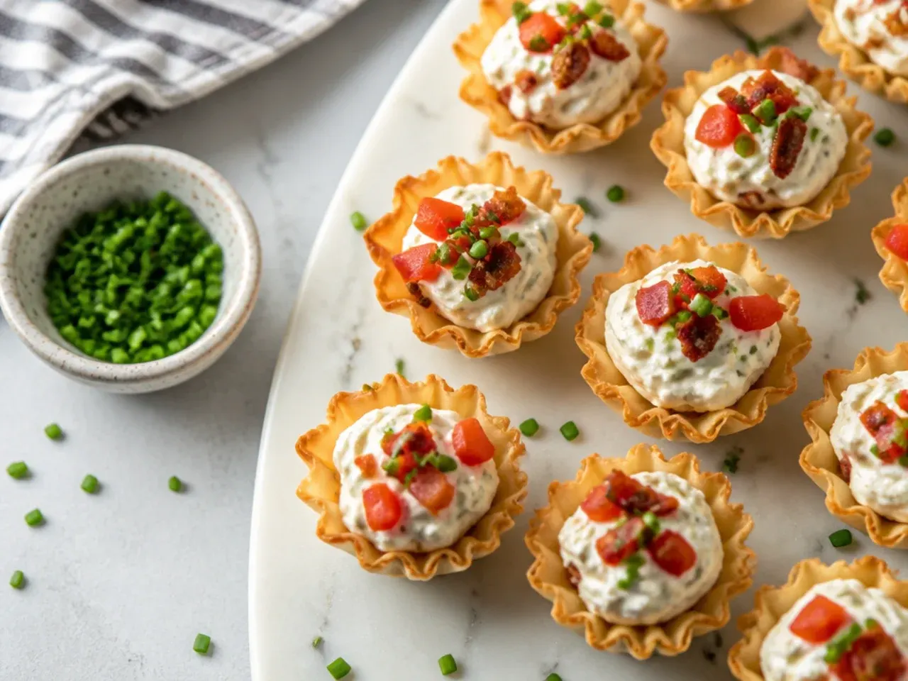 Loaded phyllo cups topped with crumbled bacon, cheddar, and sour cream