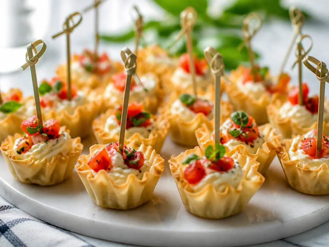 Golden baked phyllo cups filled with spinach, artichoke, and parmesan cream cheese