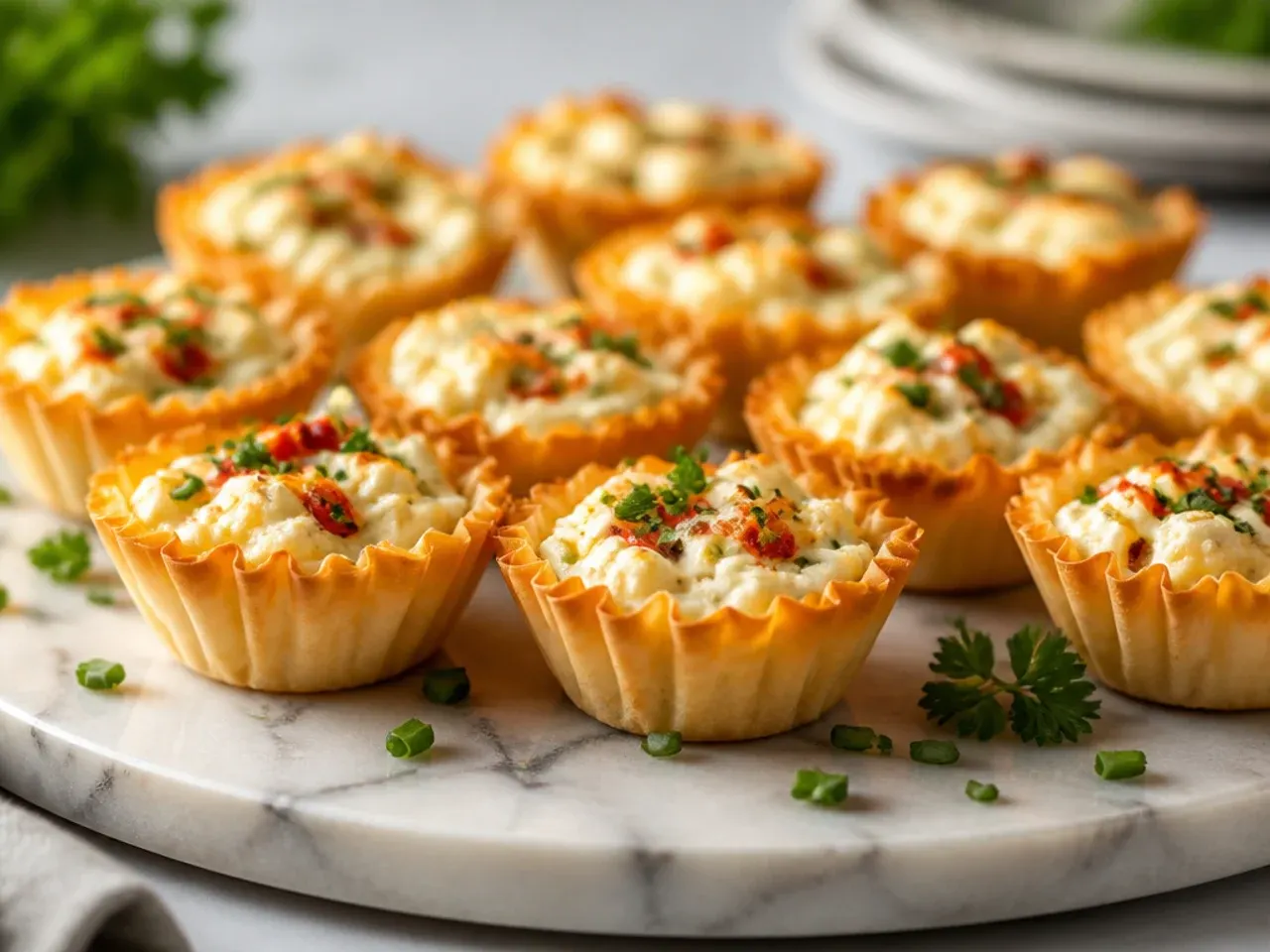 Close-up of stretchy melted three-cheese filling in a baked phyllo cup