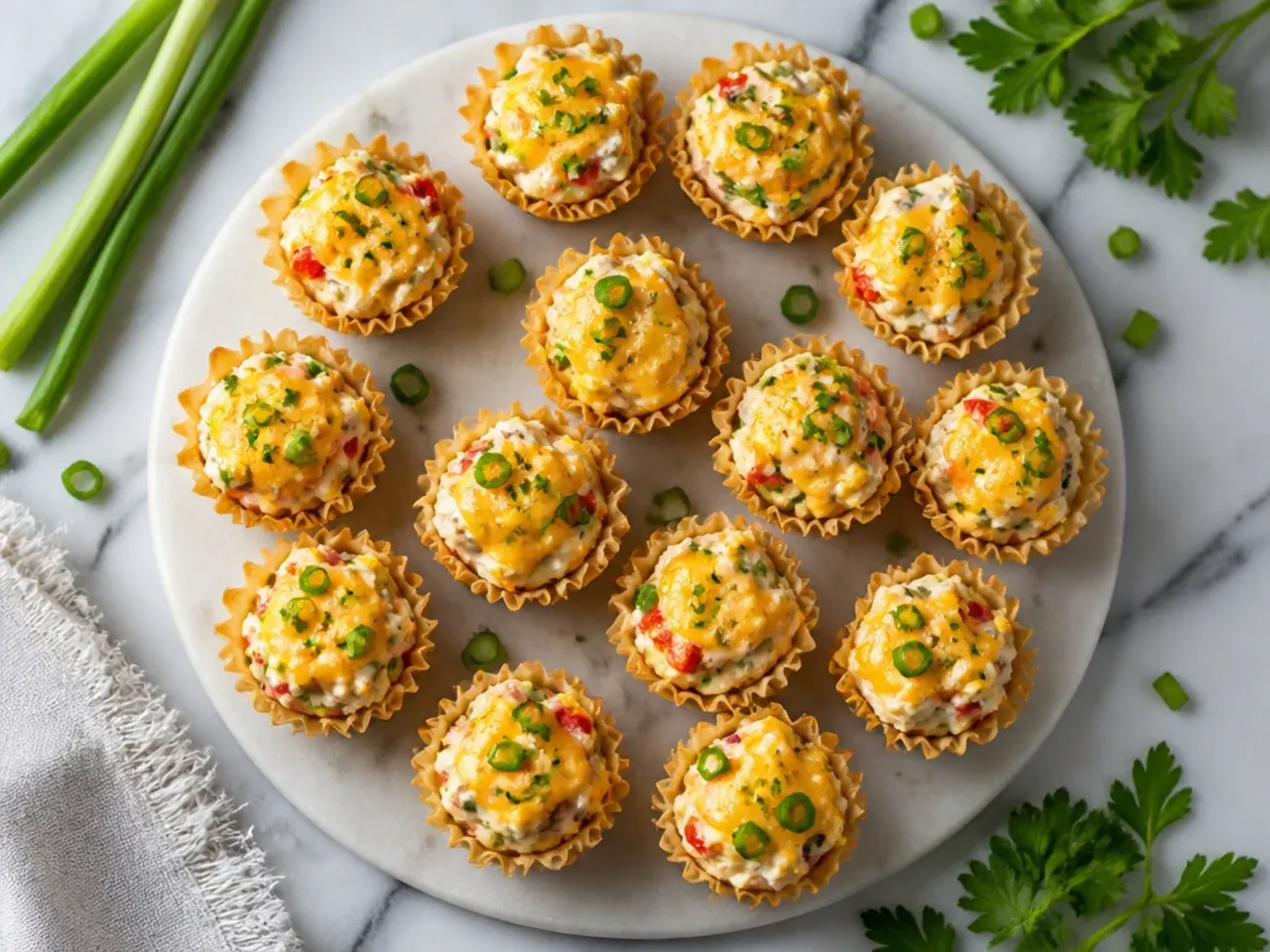 Simple cheddar and cream cheese filled phyllo cups on a budget-friendly serving plate