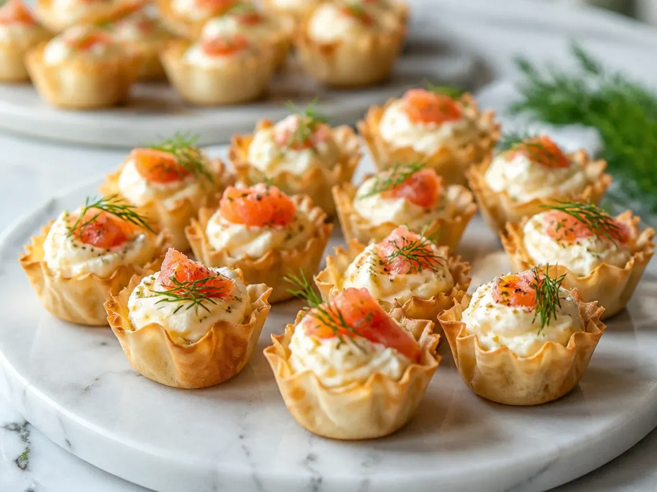 Crab and cream cheese filled phyllo cups drizzled with sweet chilli sauce