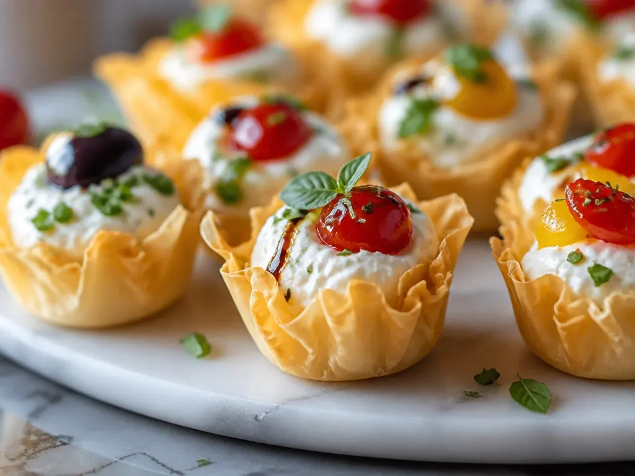 Chilled whipped cream cheese filled phyllo cups topped with fresh berries