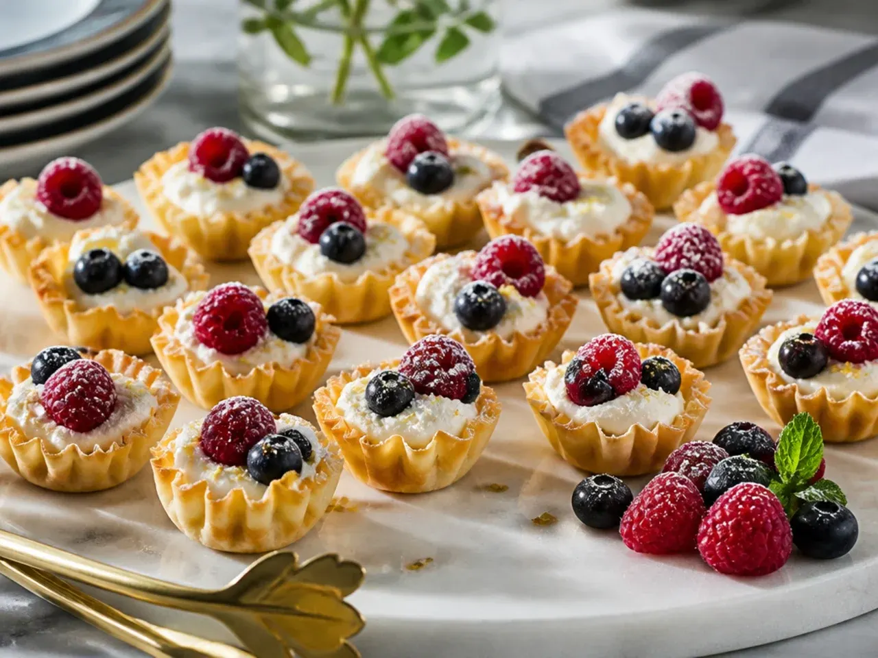 Ham and mild cheddar cream cheese filling in phyllo cups on a family-friendly platter