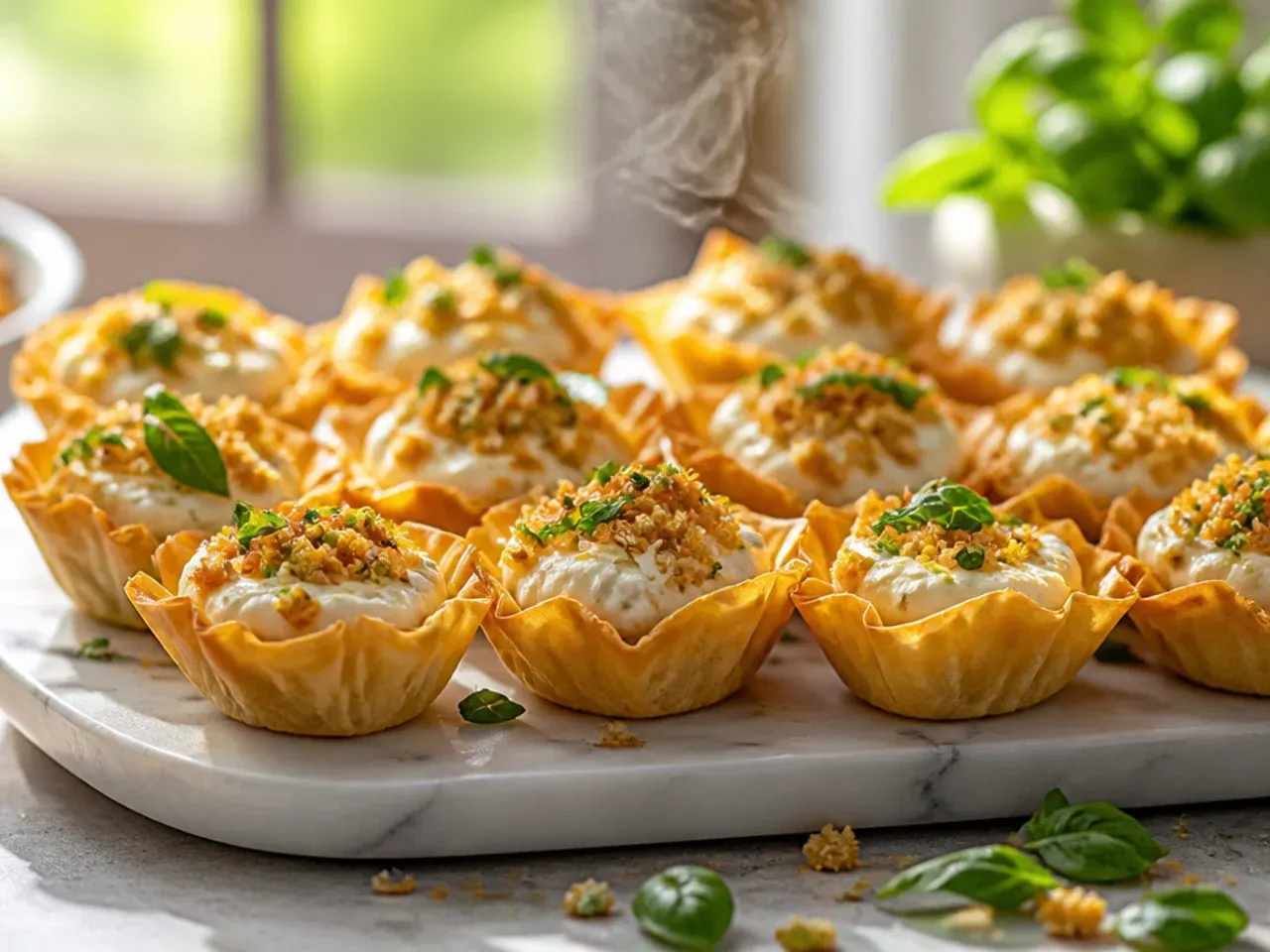 Cranberry and pecan swirled cream cheese phyllo cups arranged for a festive holiday platter