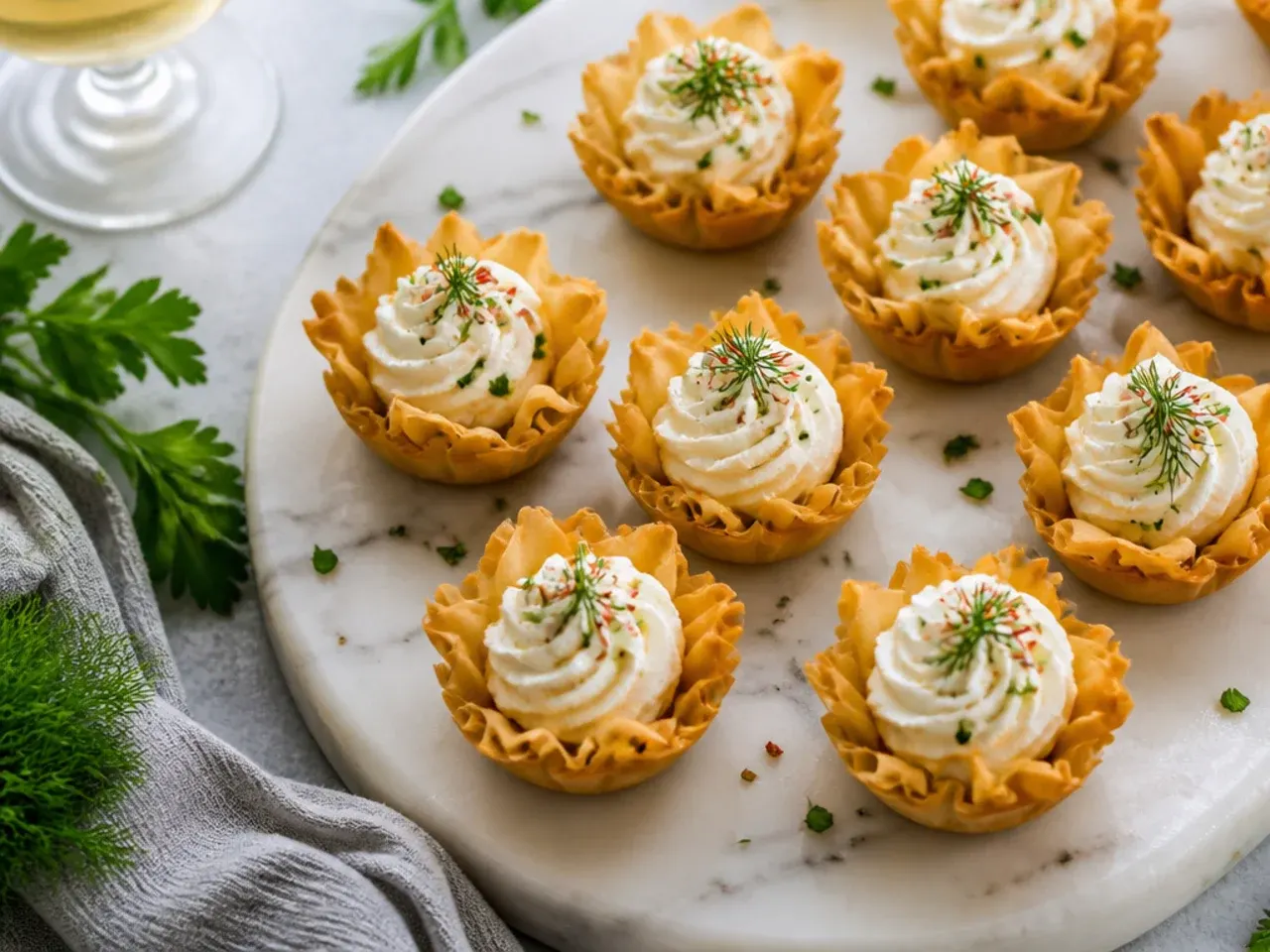 Quick salsa cream cheese filling spooned into phyllo cups with tortilla chip garnish