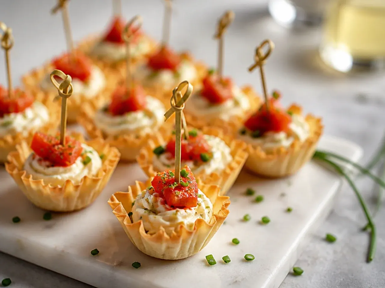 Hands pressing buttered phyllo dough squares into a mini muffin tin to form homemade cups