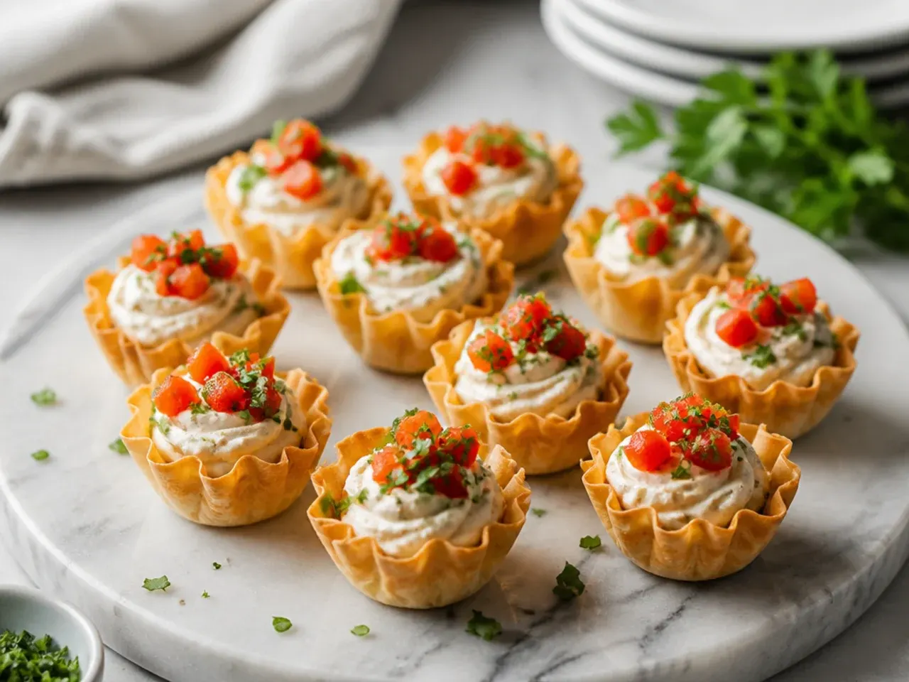 Large platter with several varieties of cream cheese phyllo cups grouped by flavour for serving