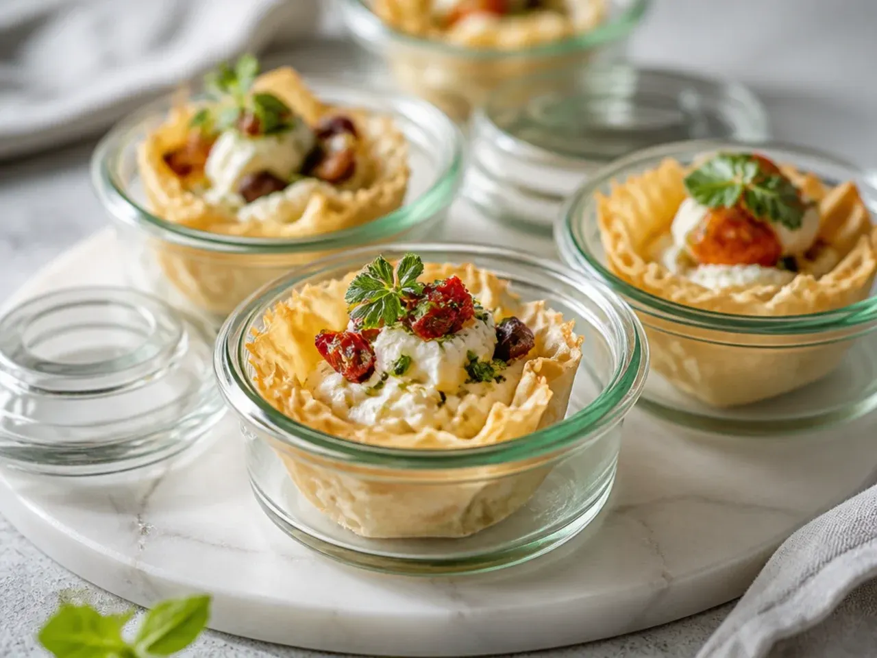 Airtight container of leftover phyllo cup appetizers being stored in the refrigerator